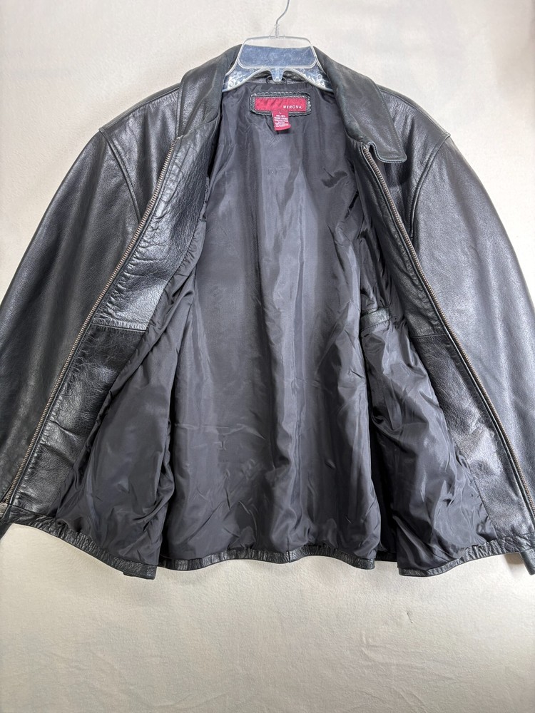 Merona Leather Black Bomber Jacket Mens Large Lined Pockets Zippered Coat