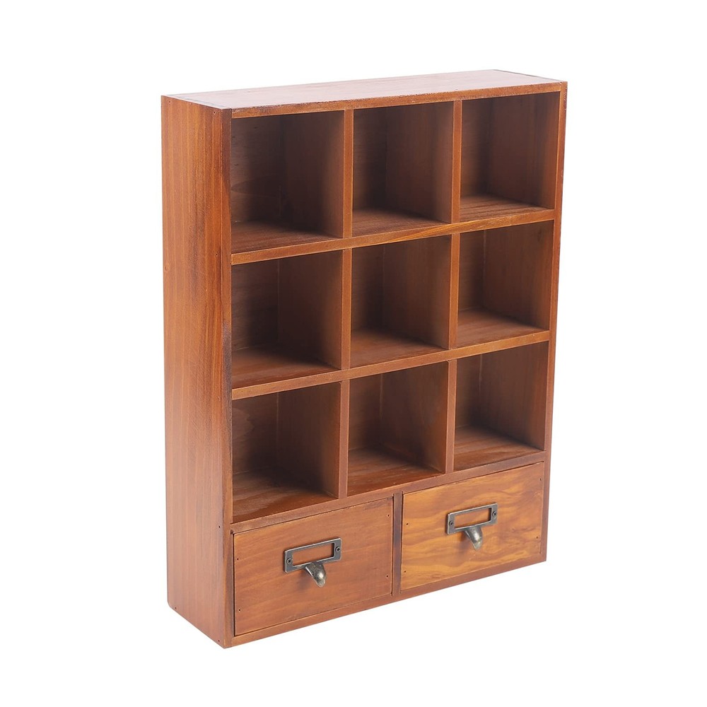 Wood Wall Mounted Box Curio Miniature Shelf with Metal Handle 9 Cube Shadow