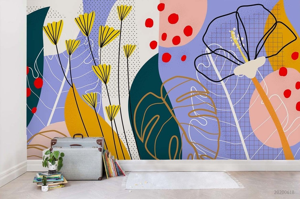 3D Flowers Leaves Watercolor Wall Murals Wallpaper Murals Wall Sticker