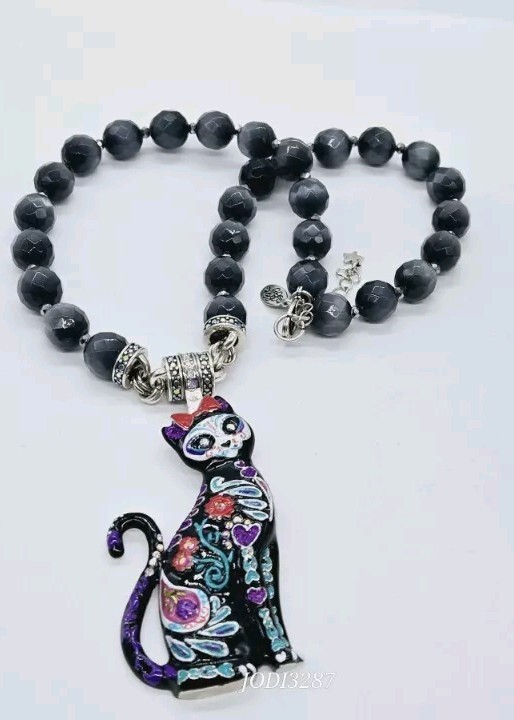 KIRKS FOLLY Sugar Skull Cat Magnetic Enhancer Pendant and Necklace Lot 2pc ST