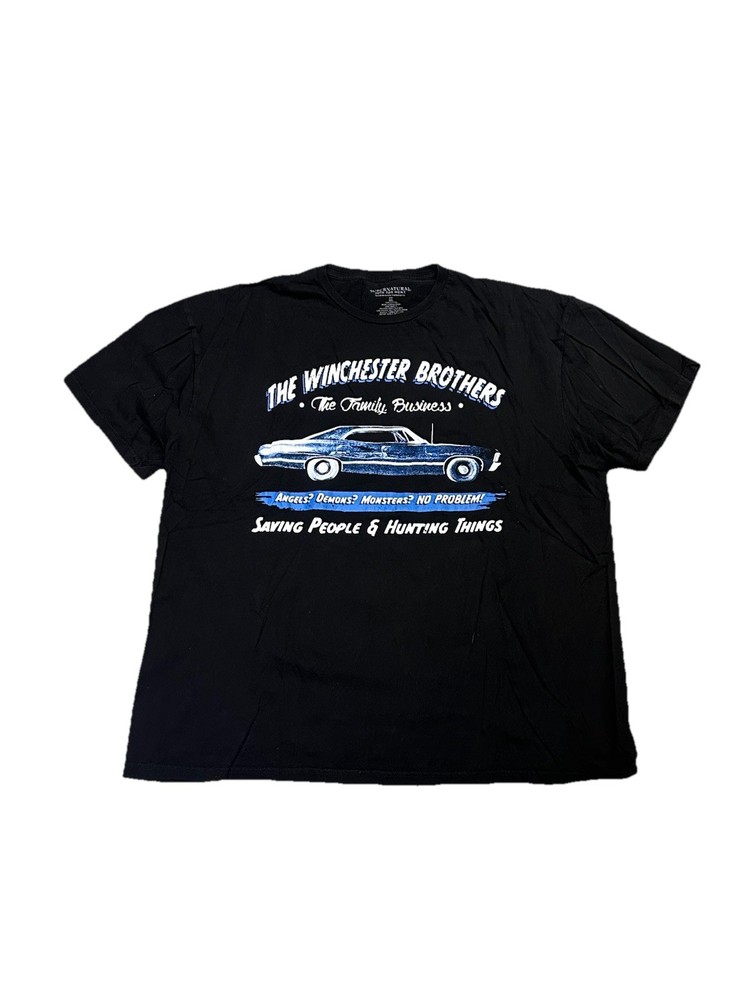 Supernatural Winchester Brothers Black T-shirt Size 2XL XXL Car Blue Print Tee