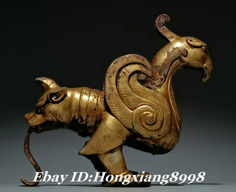 7 Inch Han Dynasty Bronze Gilded Dragon Phoenix Sculpture
