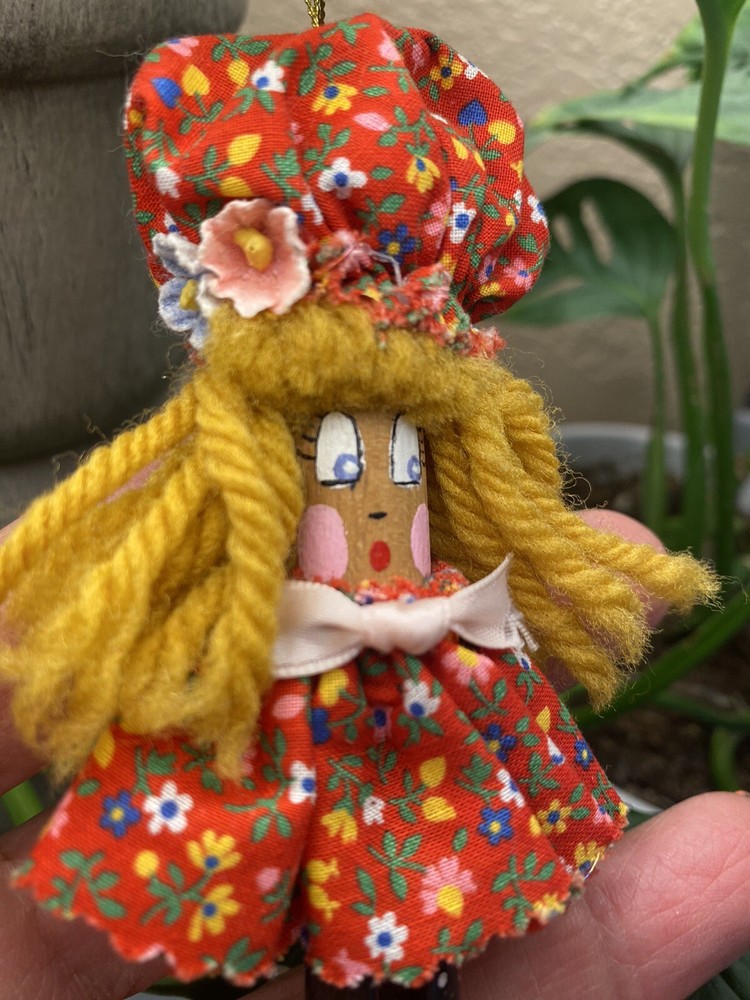 Vintage Handmade Clothespin Prairie Girl Ornament with Calico Dress and HP Face  