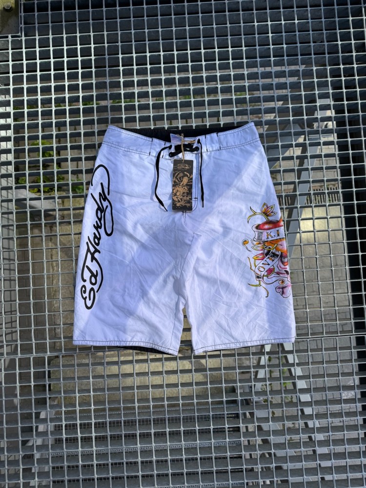 Vintage Ed Hardy By Christian Audigier Tattoo Big Logo Surf Shorts Size S  90’s