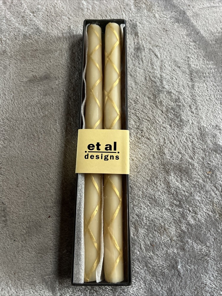 Et Al Designs CC62ig Handcrafted 12-Inch Beeswax Candles in Ivory and Gold, Set of 2
