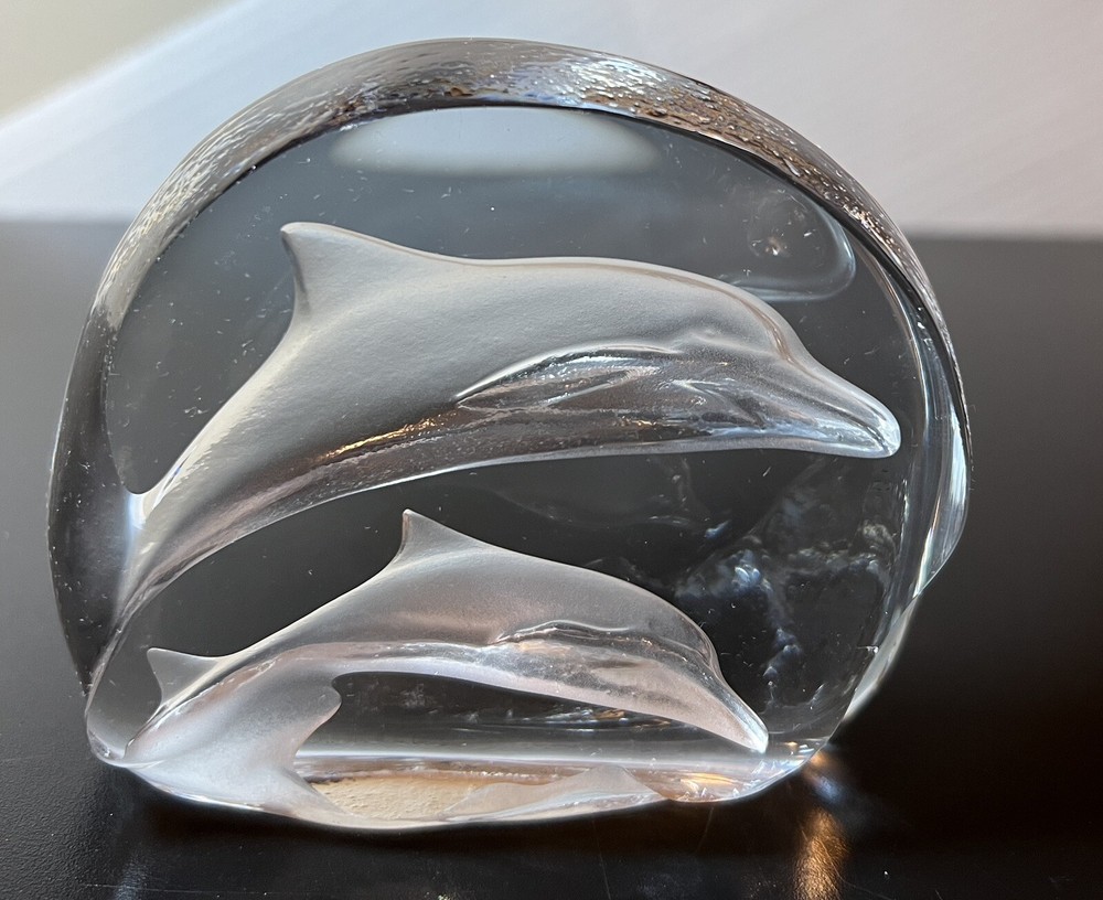 Clear Art Glass Swimming Dolphins  Ocean Nautical Paperweight