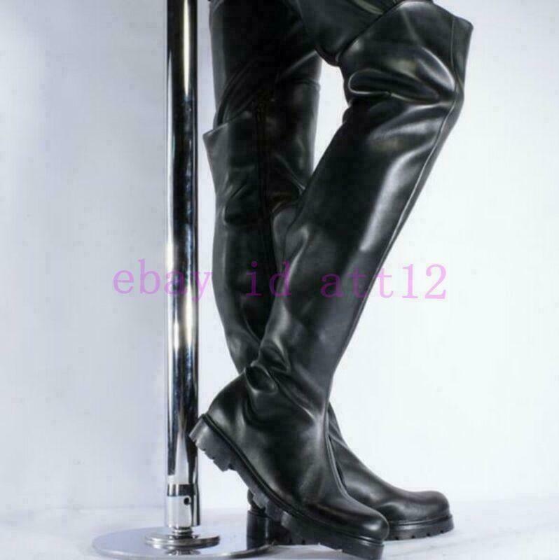 Men's Knee-High Motorcycle Boots with Side Zip - Comfortable Combat Riding Shoes