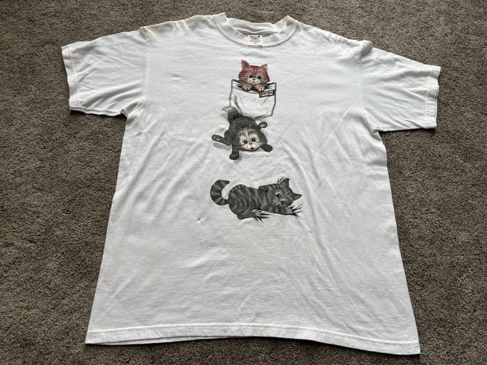Vintage Cat Kitten Shirt Mens Large White 90s Anvil Cute Grandma Grannycore