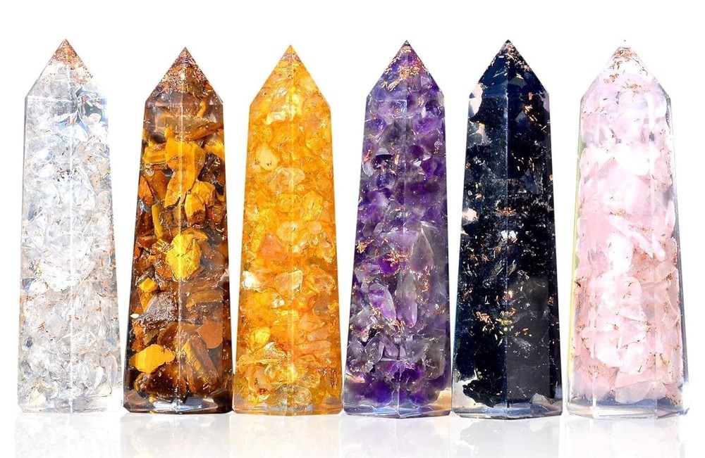 6-Piece Orgonite Crystal Wand Set for Reiki – Amethyst, Rose Quartz, Citrine Healing Stones