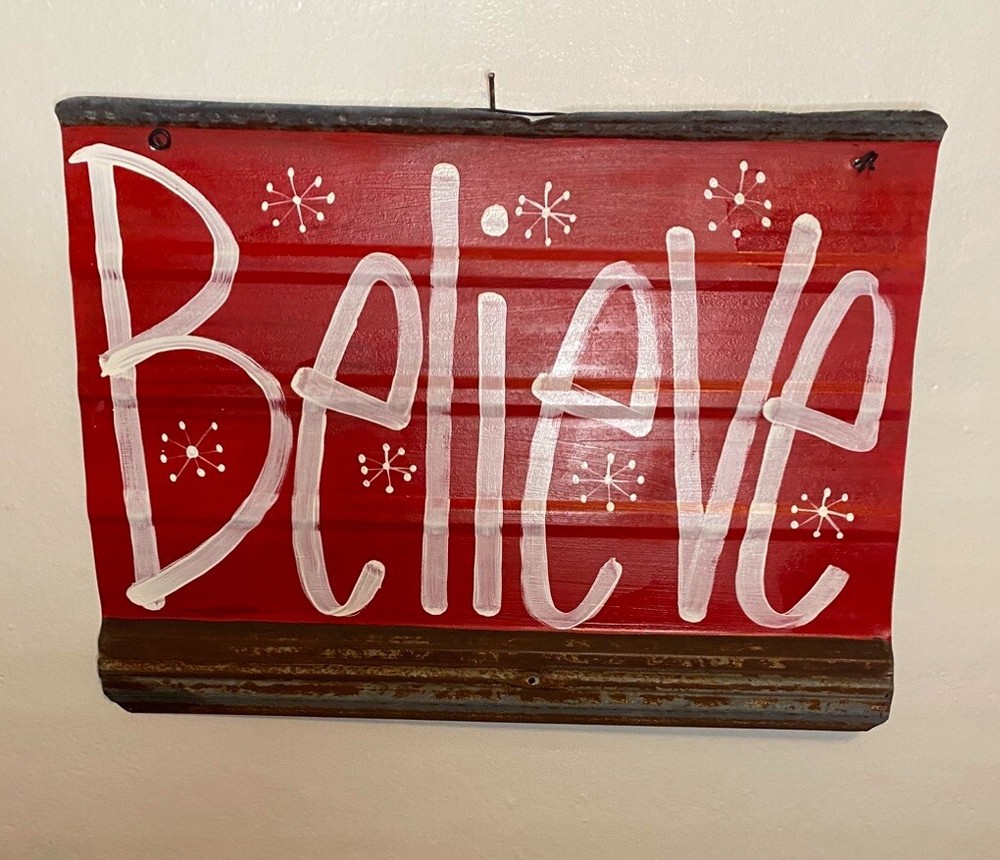 Hand Painted Rustic Tin Christmas Hanging Wall Art. New. Says “Believe”