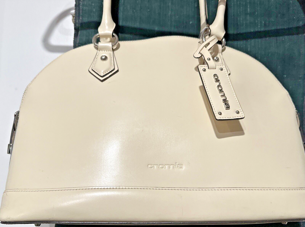 Cromia Italian Leather Satchel Cream Top Handle Handbag w/ Charm Italy