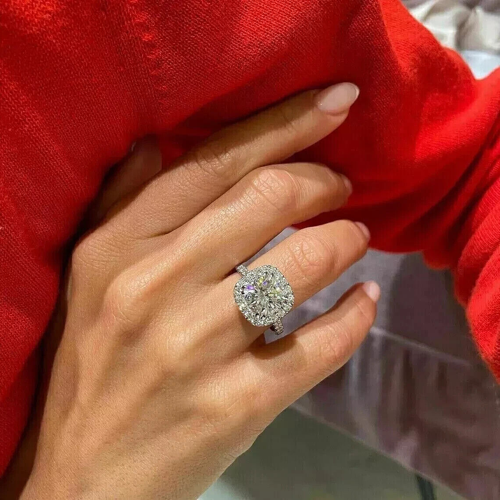 3.20 Ct Cushion Cut VVS1 Lab Created Diamond Halo Wedding Ring 14K White Gold FN