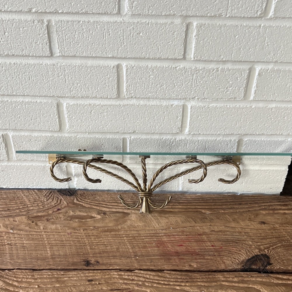 Vintage Brass Metal and Glass Wall Shelf with Decorative Twisted Bracket
