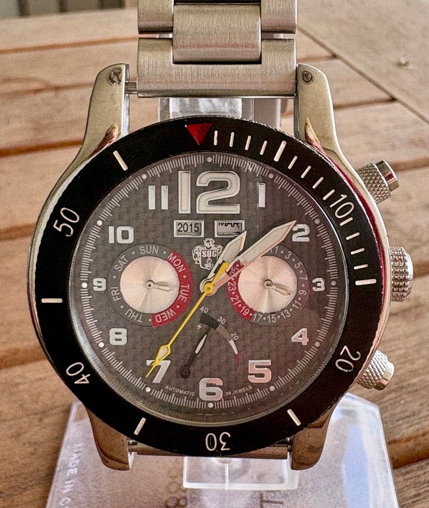 Large 44mm Mens SUG Automatic Movement Watch with see thru case back-stainless