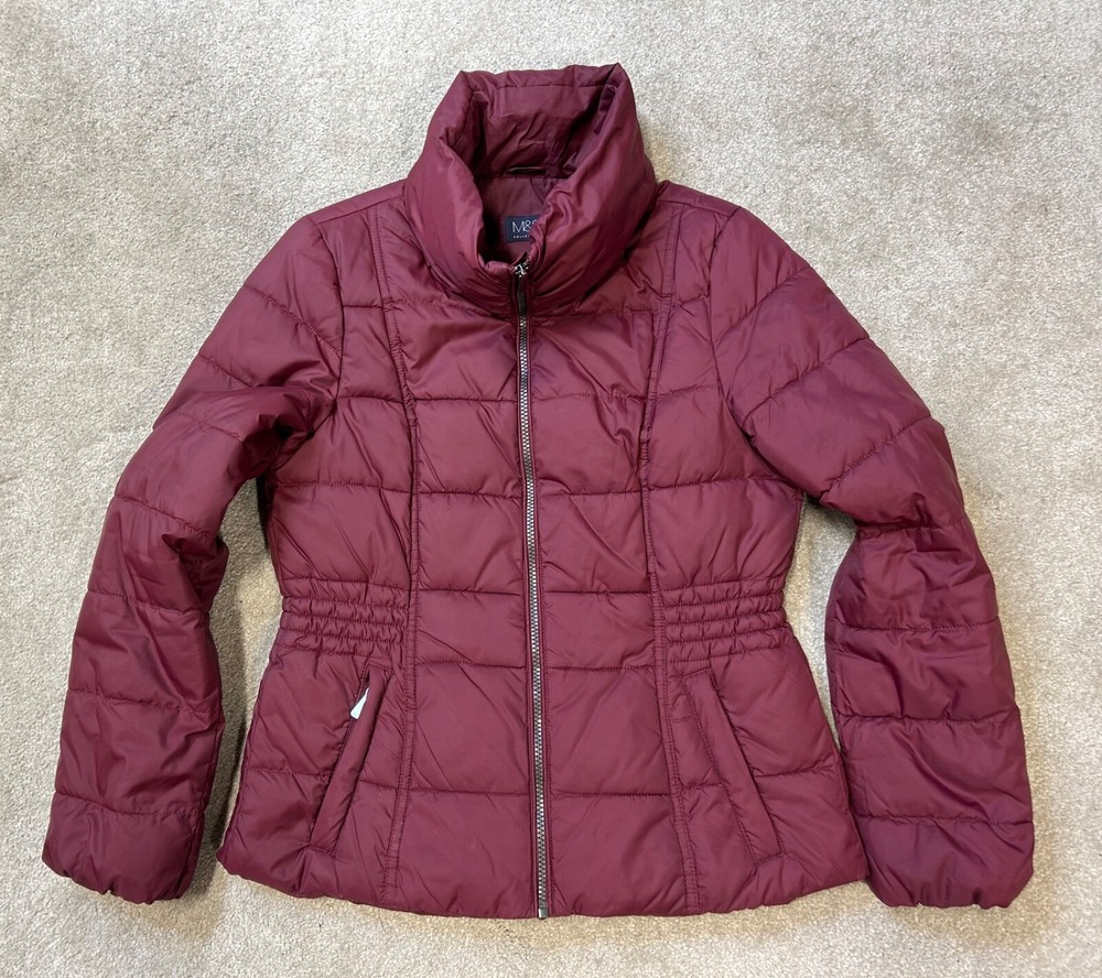 MARKS SPENCER Ladies Coat Claret Red Padded Zip up Jacket With Hood UK Size 10