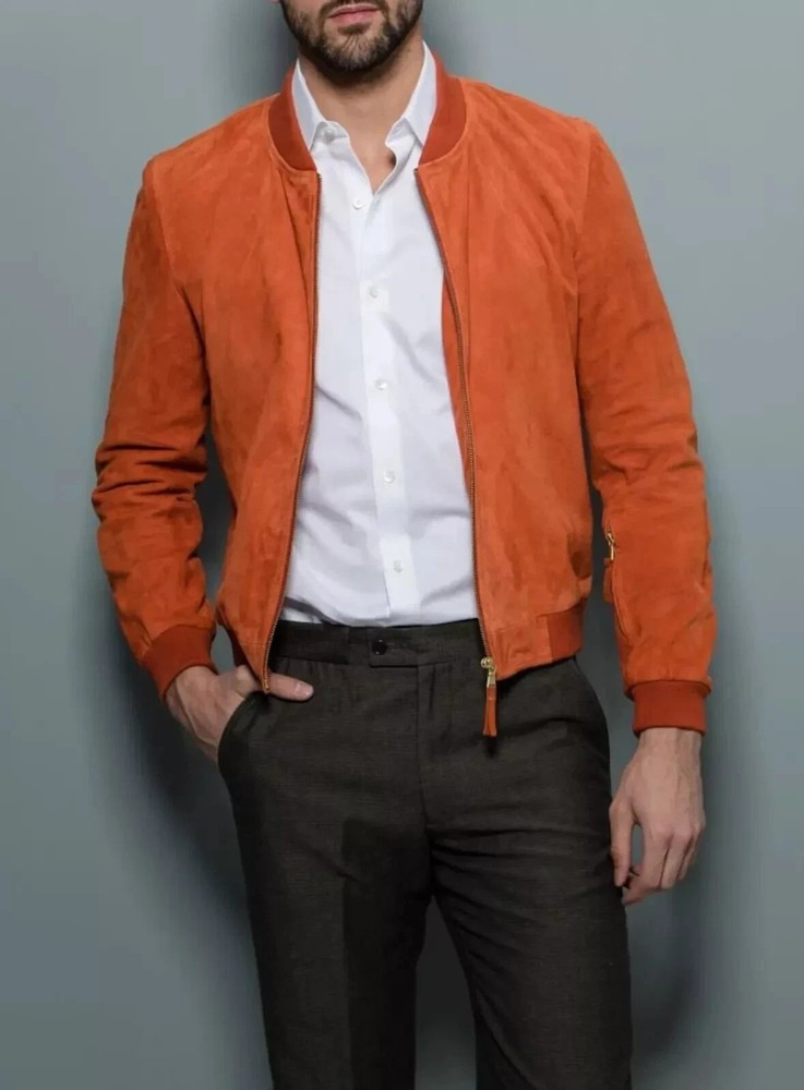 Men's Orange Suede Bomber Jacket - Vintage-Inspired Slim Fit Leather Coat