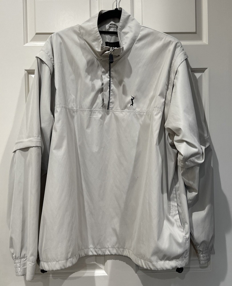 PGA Tour Golf Jacket Men’s Large Beige Convertible Windbreaker Removable Sleeve