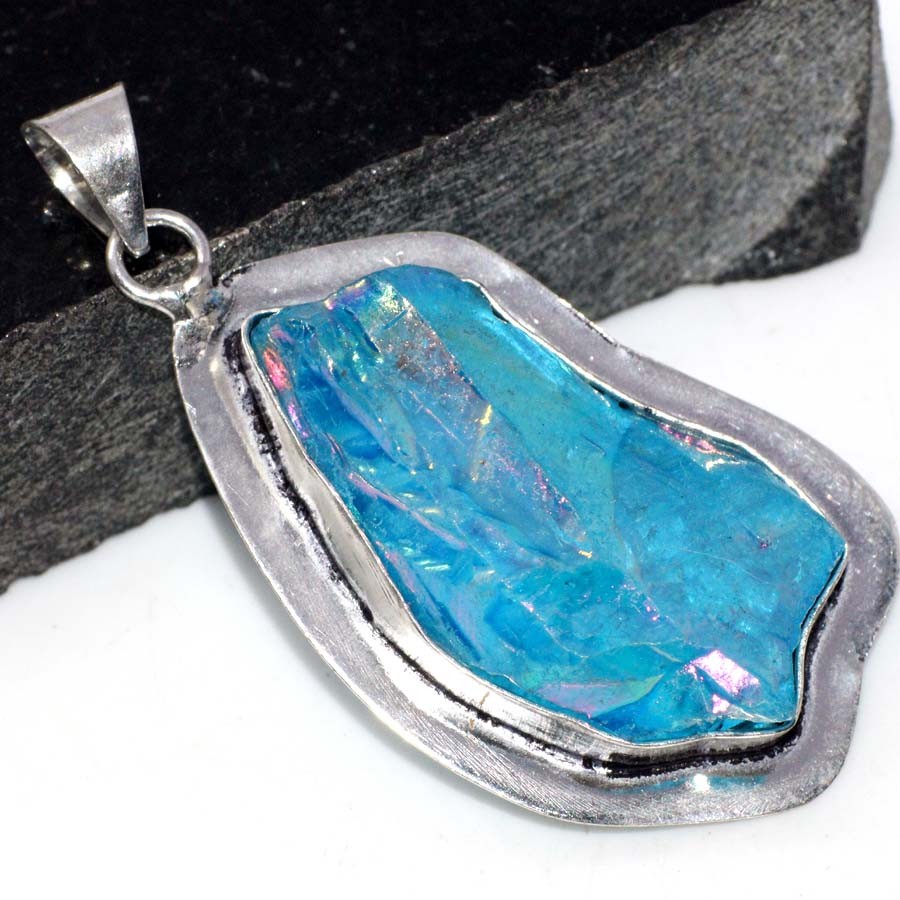925 Silver Blue Titanium Aura Quartz Pendant 2.2 Inch Jewelry JW