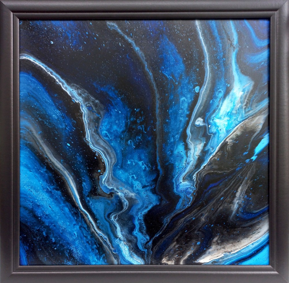 Abstract Painting Framed Black Original Artwork Dramatic Blue Black Hues, 16x16