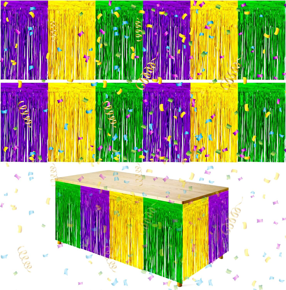 2 PCS Mardi Gras Party Table Skirt- 29 X 109 Inch Mardi Gras Metallic Fringe Tab