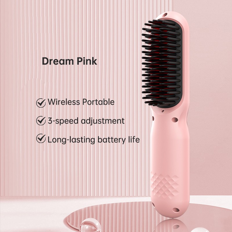 USB Rechargeable Hair Straightener Brush 4-Gear Anti-Scald Beauty HairBrush Pink