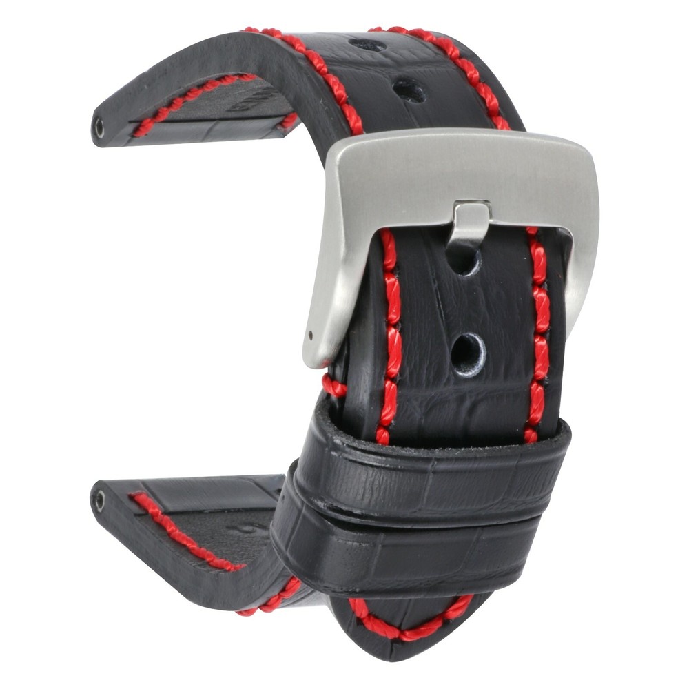 24mm Grain Leather Strap Black Watch Band for INVICTA Heavy Duty Buckle Red x1 C