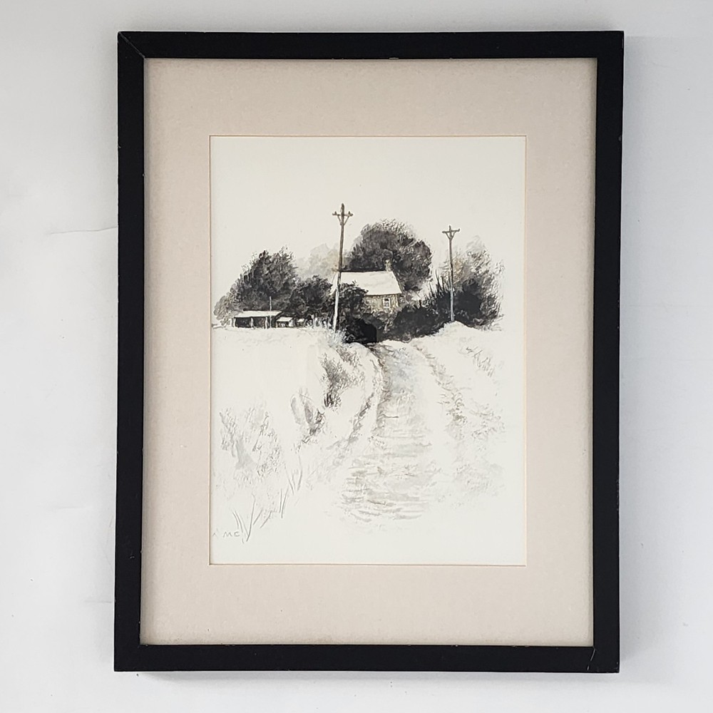 Vintage Signed Pen & Ink Drawing Rural Cottage Landscape Countryside Art Framed