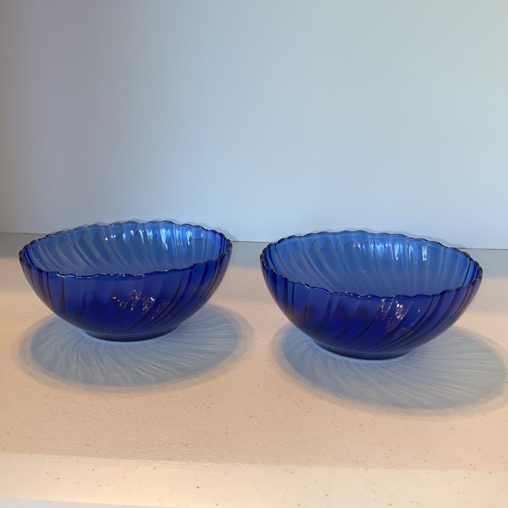 Vintage Arcoroc France Torsade Cobalt Blue Swirl Cereal Soup Bowl Set 2