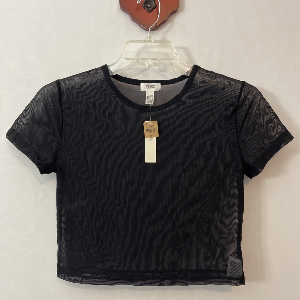 PINK Victorias Secret Womens Large Black Cropped Sheer Swim Cover Top NWT! A1509