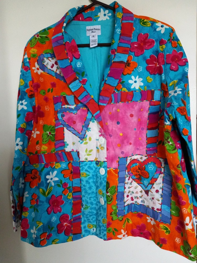 Stephanie Thomas blue floral patch work l embroidered jacket Sz 18