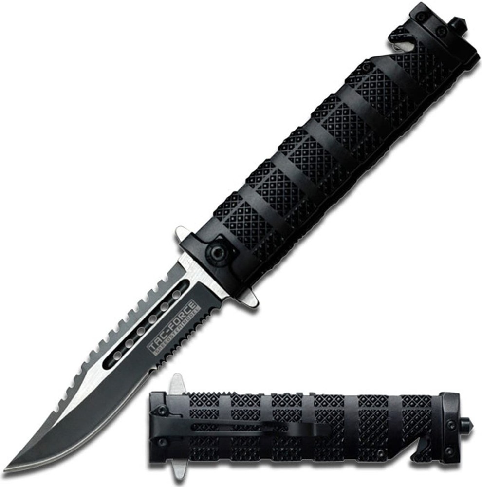 TAC FORCE Black Spring Assisted Sawback Bowie Tactical Pocket Knife