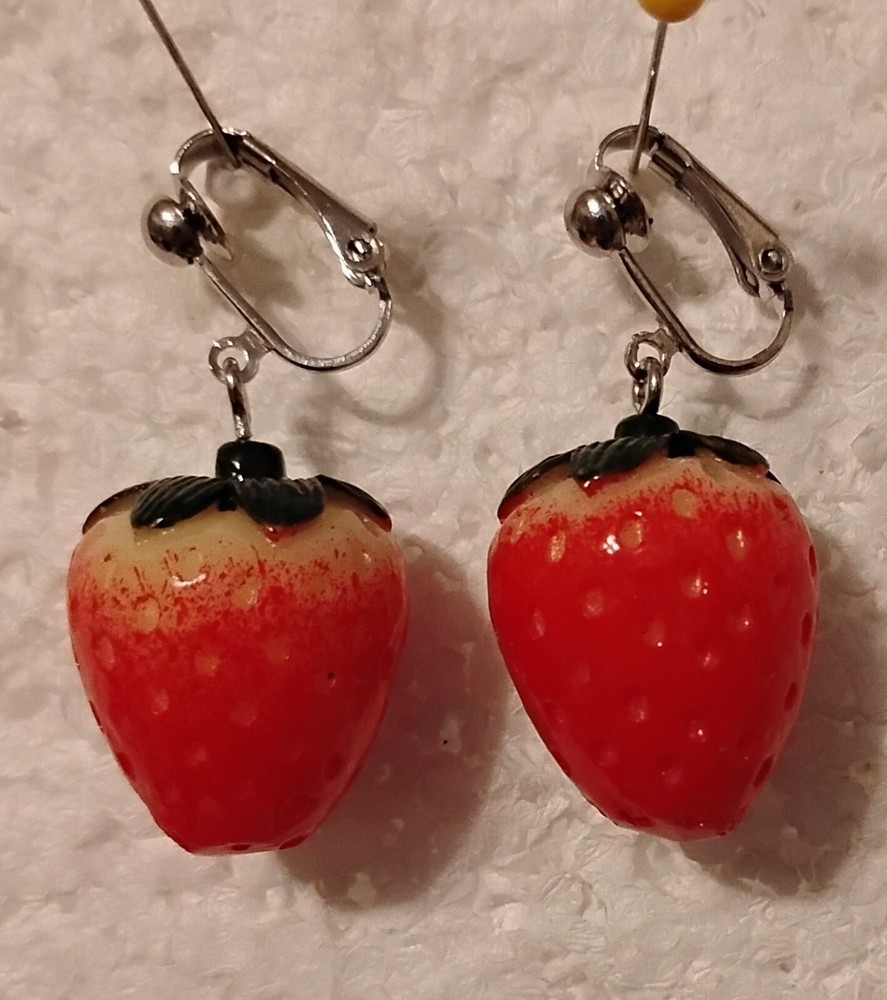 Silver-Tone Strawberry Dangle Clip-On Earrings 1 Inch  