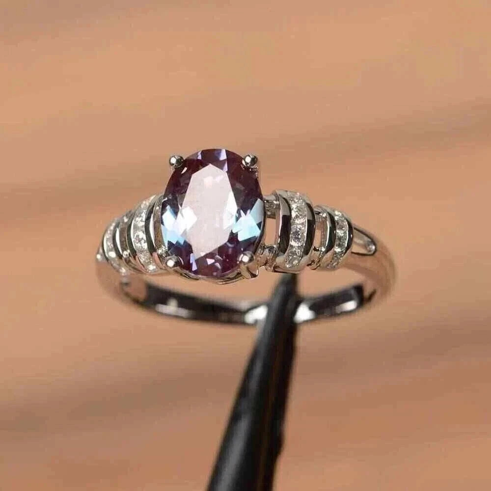 1.89 Ct Oval Cut Natural Alexandrite Solitaire Ring 14K White Gold