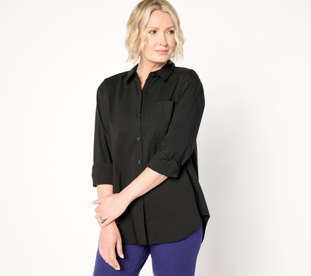 Susan Graver Women's Top Sz XL Woven Poplin Button- Front High-Low Black A662833