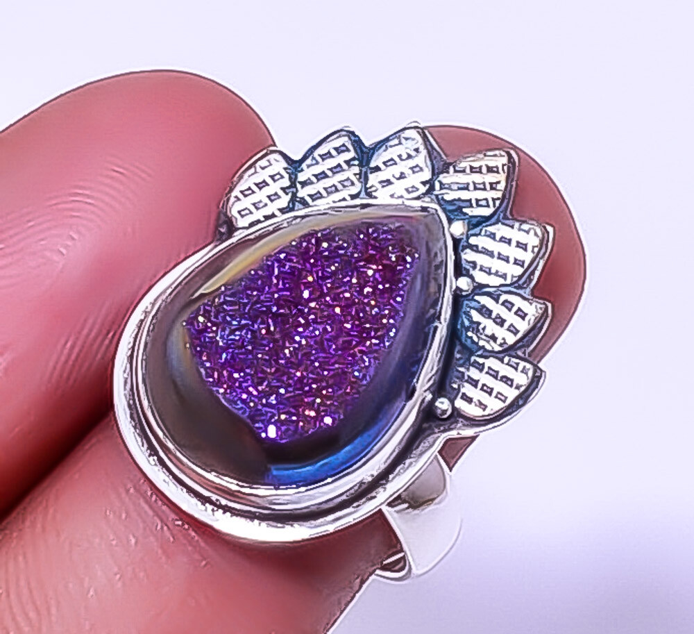 Titanium Purple Agate Drusy Designer 925 Sterling Silver Ring Adjustable (R35)