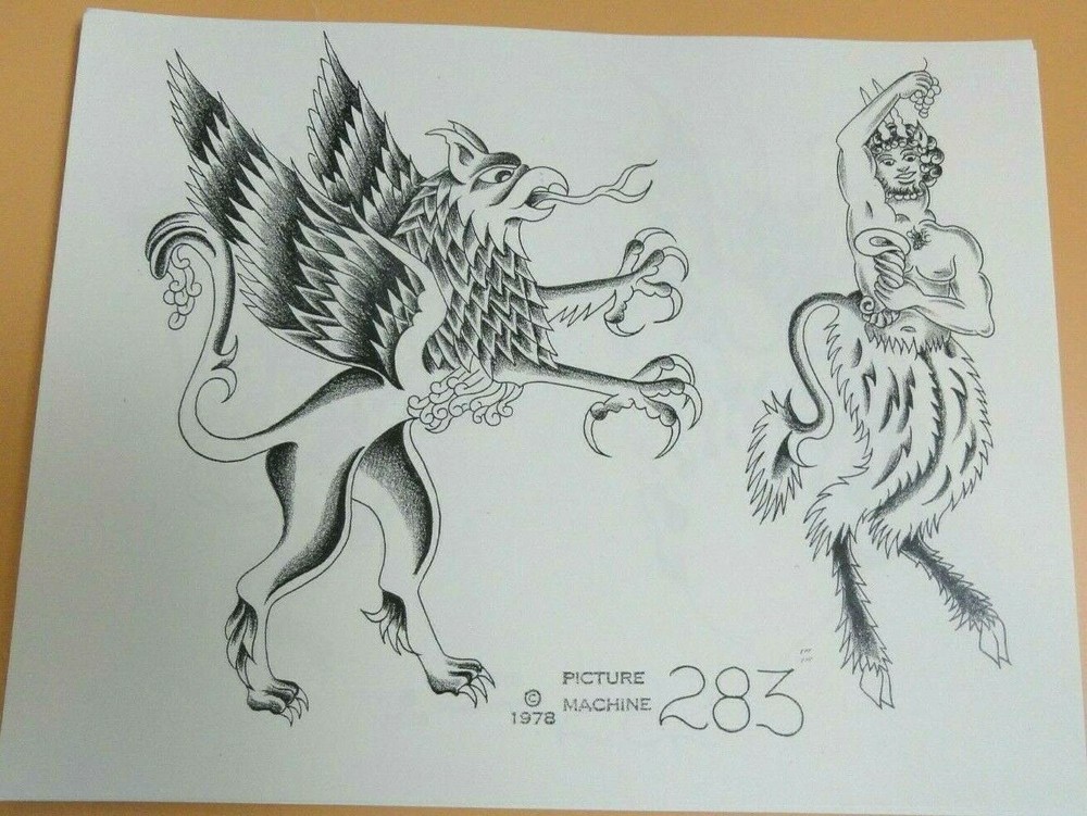Vintage RARE -1978 Picture Machine Tattoo Flash Sheet 283 Gryphon Satyr Faun