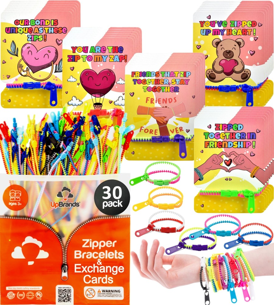 30 Valentine's Day Cards with Fidget Zipper Bracelets for Kids School Party Favors