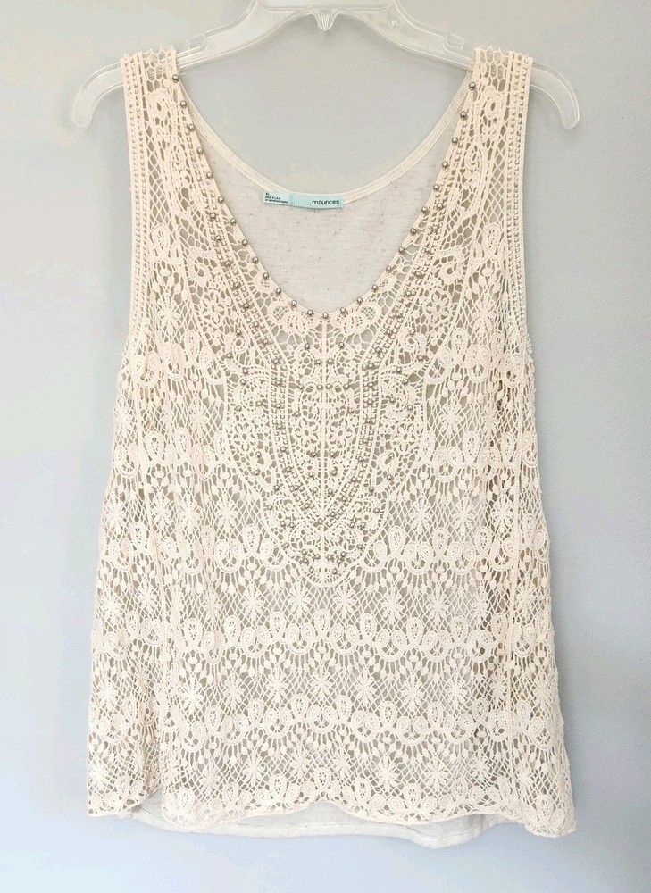 Crochet Studded Tank Top Ivory  Women's XL Boho Festival Cottagecore Granola