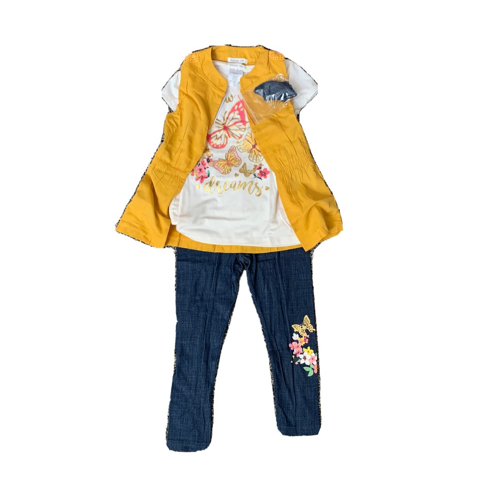 Forever Me girls size 5 legging set: Leggings, Shirt,  Yellow Vest, Accessory