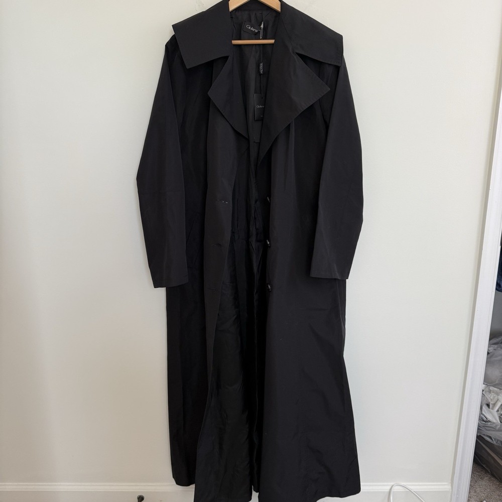 NWT Giuliana Teso Black Silk Trench Coat Luxury Designer Timeless XXL Raincoat