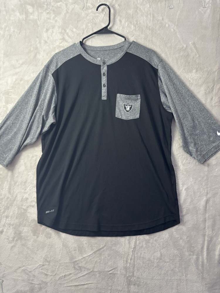 Nike Raiders Dri-FIT Henley Shirt Mens XL Black 3/4 Sleeve Pocket NFL