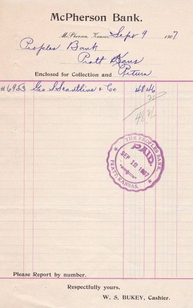 U.S. McPHERSON BANK, McPherson, Kansas. 1907 Paid Bank Cancel Invoice Ref 44289