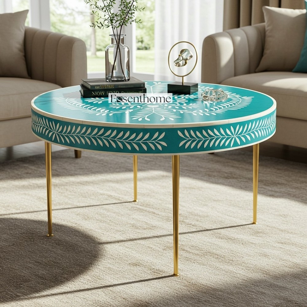 Handmade Green Bone Inlay Round Coffee Table with Floral Design by Essenthome