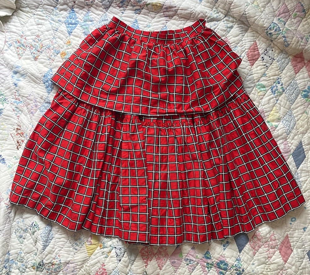 Vintage 70s Yves Saint Laurent Red Black White Grid Tiered A Line Skirt