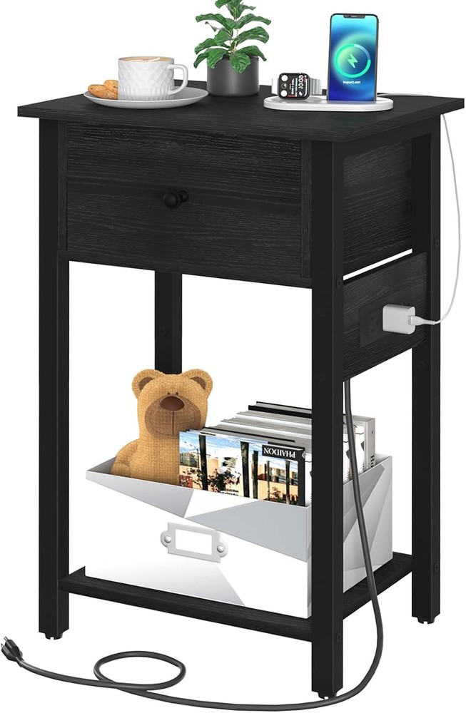 Yoobure Large Black Nightstand with Built-in Charging Station