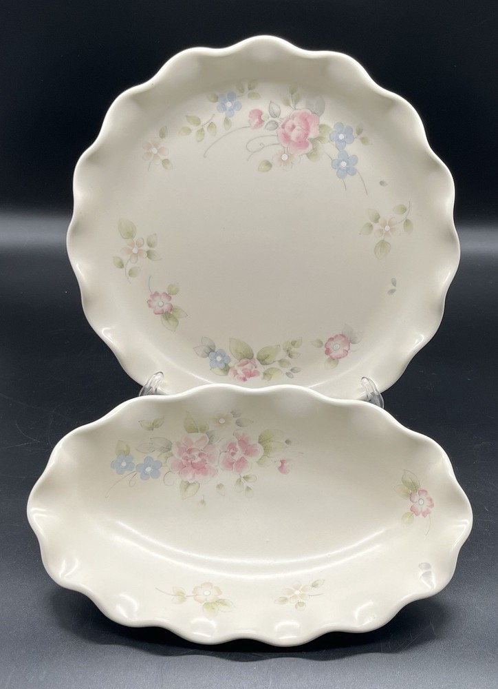 Pfaltzgraff Tea Rose Fluted Ruffle Edge Serving Dishes Set of 2 Oval and Round