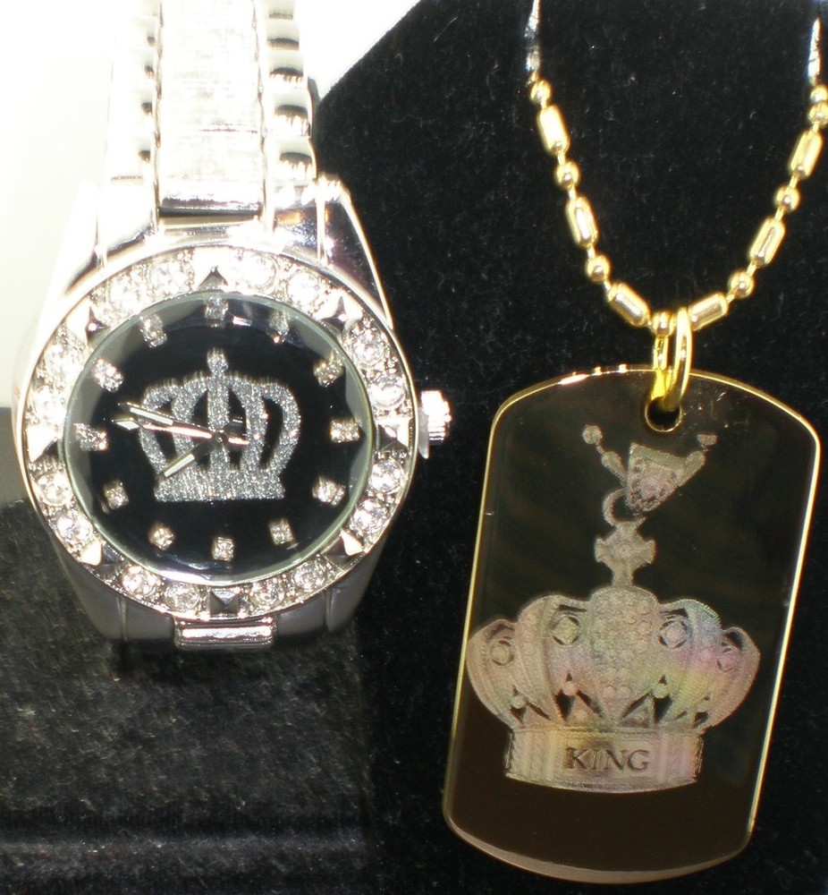 FATHERS DAY DEAL KINGS CROWN SILVER TONE BLACK FACE WATCH  2 side engraved TAG-image