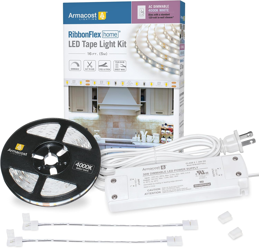 Ribbonflex Home AC Dimmable Bright White LED Tape Light Kit 4000K (5M),16.4 Ft,4
