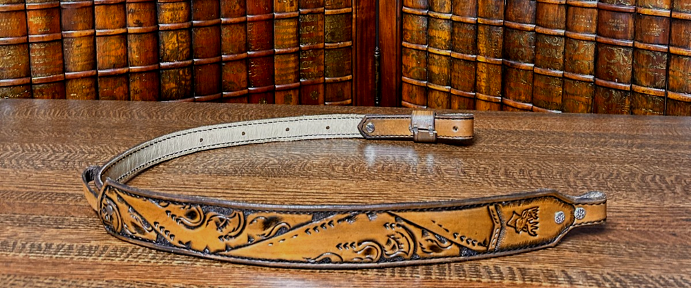 Rifle Sling Hand Tooled (Prison Made) Leather Western Design w/ Deer, Adjustable