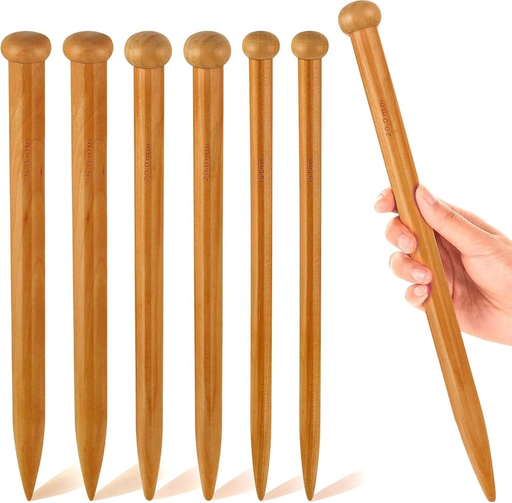 MTLEE 6 Pcs Large Knitting Needles Jumbo Straight Wooden Extra Large, Brown